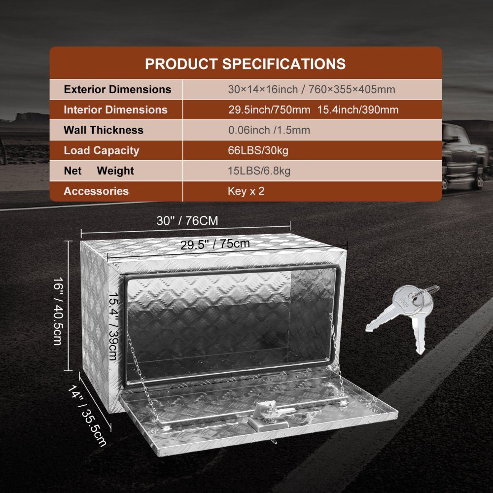 Truckbox Tool Box Trailer Box Tool Box 760x355x405mm Pickup Storage Box Aluminum Diamond Plate Tool Box with Lock and Keys Waterproof Trailer Storage Box