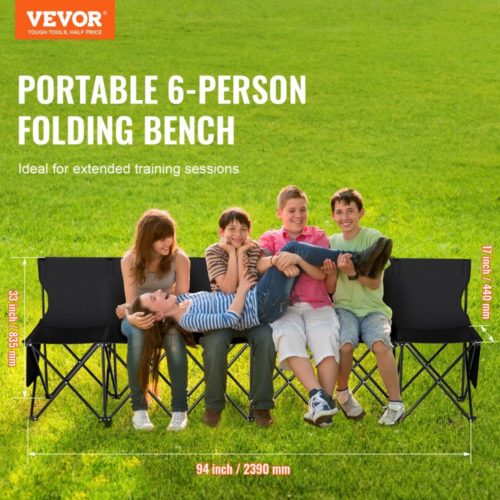 Portable Folding Bench, 6 Seater Folding Side Bench, Outdoor Camping Bench Chair with Carry Bag and Backrest, Team Sports Side Bench for Football Fishing, No Assembly Required, Instant Sitting, Black