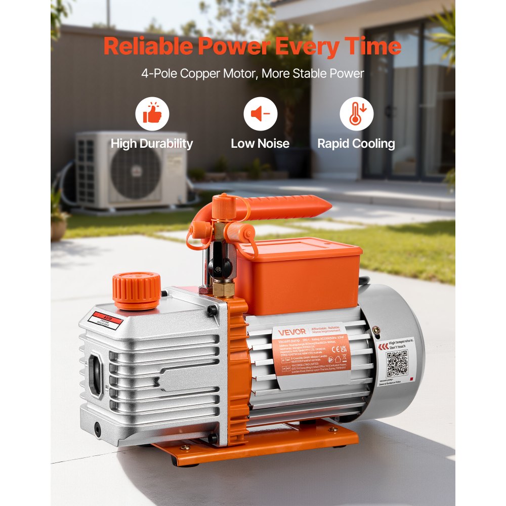 Vacuümpomp, 5 CFM 142 L/min, tweetraps, 375 W, geschikt voor R134a-, R22- en R410a-systemen, 4-polige motor, voor onderhoud van auto-airconditioning en harsontgassing, inclusief olie Vacuümpomp, 5 CFM 142 L/min, tweetraps, 375 W, geschikt voor R134a-, R22- en R410a-systemen, 4-polige motor, voor onderhoud van auto-airconditioning en harsontgassing, inclusief olie