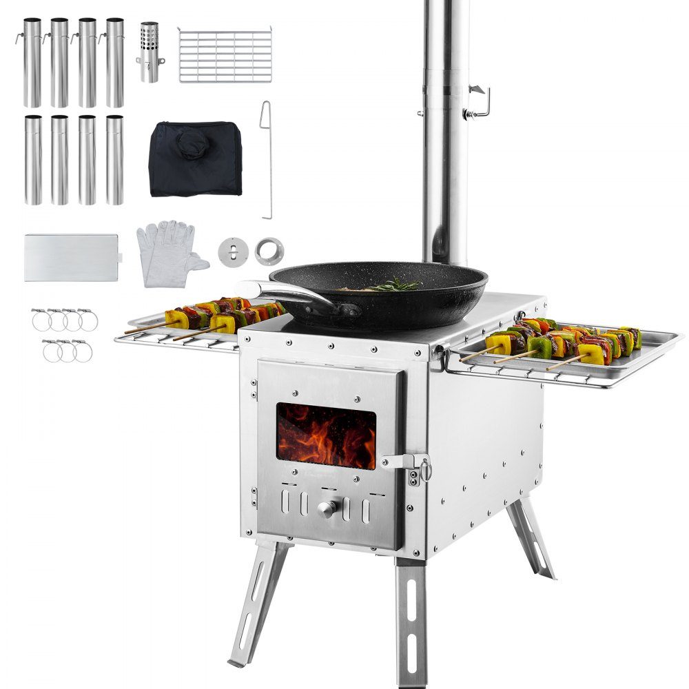 Holzofen, 590 x 790 x 2620 m, Edelstahl, Camping-Zeltofen, Holzofen mit Kaminrohren und Handschuhen, 1646 Kubikzoll Feuerraum, Zeltofen zum Kochen und Heizen im Freien, mit 8 Rohren
