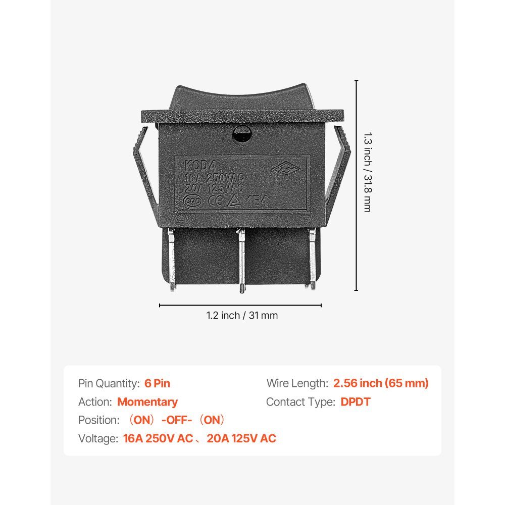 Rocker Switch, 6 Pin DPDT Toggle Switch with 3 Positions (ON)-Off (ON), Pole Reversing Switch AC 250V/16A 125V/20A, Ideal for Home, Office and Light Industrial Use