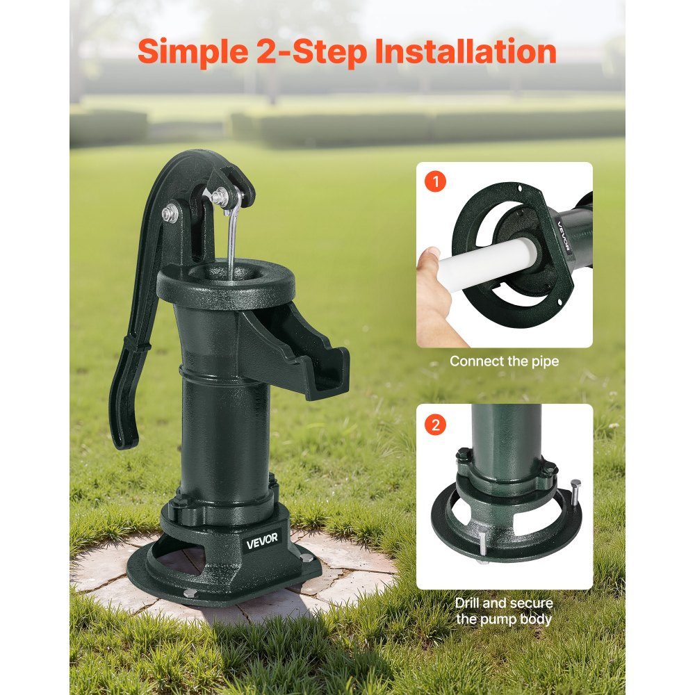 Handpumpe Antik Vintage, 7,6 m Förderhöhe, nostalgische Gusseisenpumpe, Springbrunnenpumpe, Handpumpe NPT 1-1/4 Zoll Anschluss, Gartenpumpe, für Garten, Teich, Hof, Bauernhof, Grün