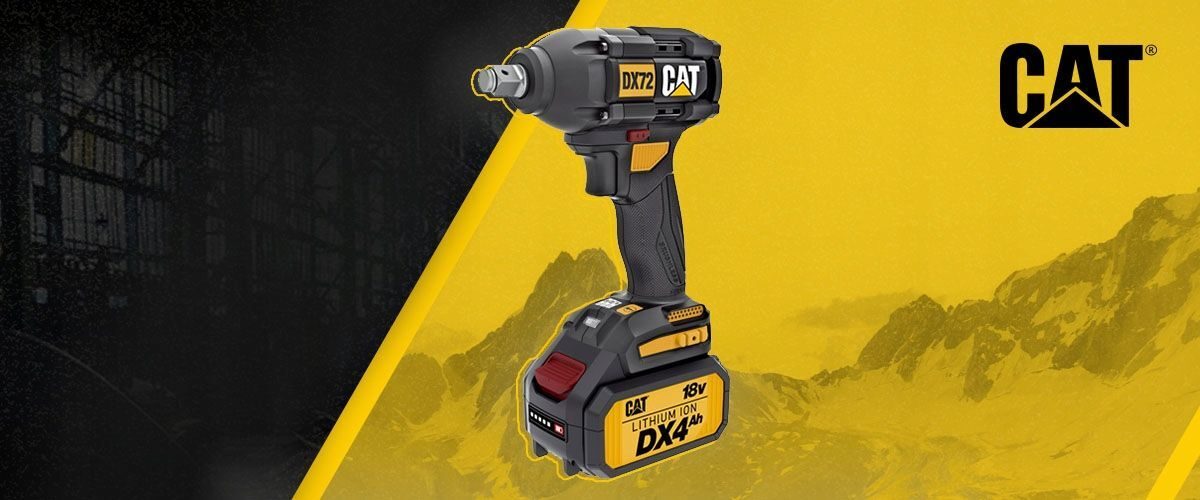 Clé à chocs sans balais CAT DX72 18V 350Nm dans un ensemble composé d'un chargeur et d'une batterie