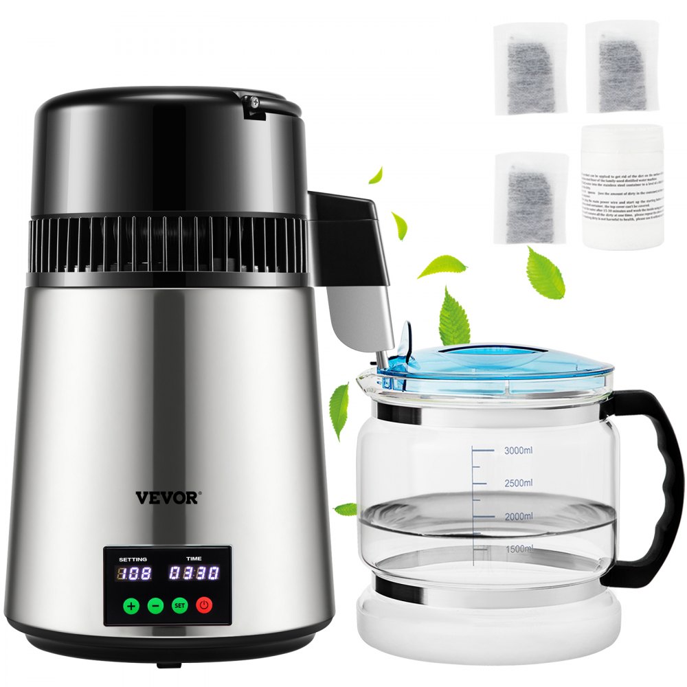 Water Distiller 1L/H Household Silver Water Distiller Make Distilled Water 750W, Double Screen Stainless Steel Distiller System with Glass Jug Distill Pure Water