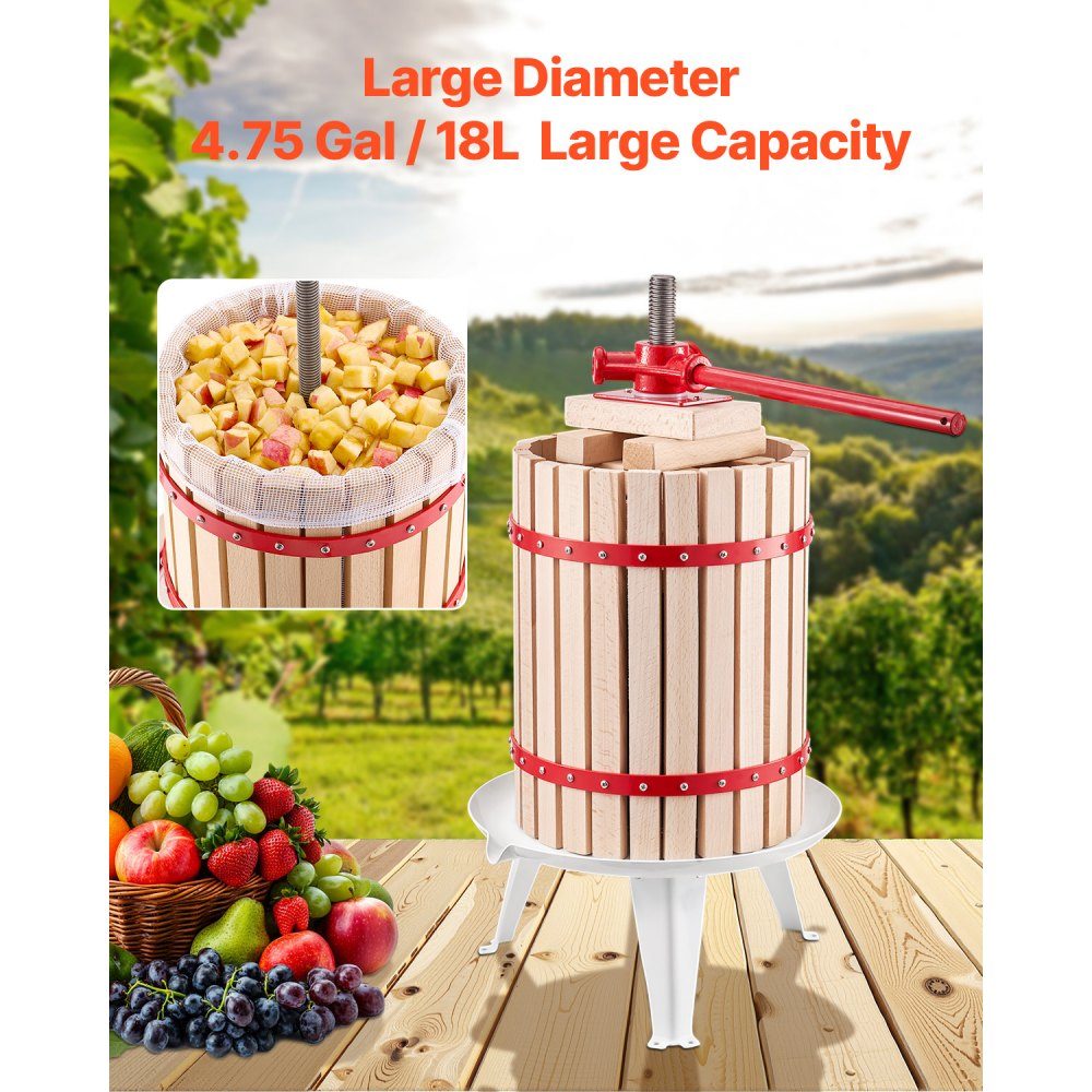 Fruit Wine Press, Fruit Grinder (18L), with Solid Wood Basket with 8 Blocks, Heavy Duty Manual Juicer, Cider Press, Apple Press, Grape Press, Olive Oil Press with Handle, Juicer for Kitchen