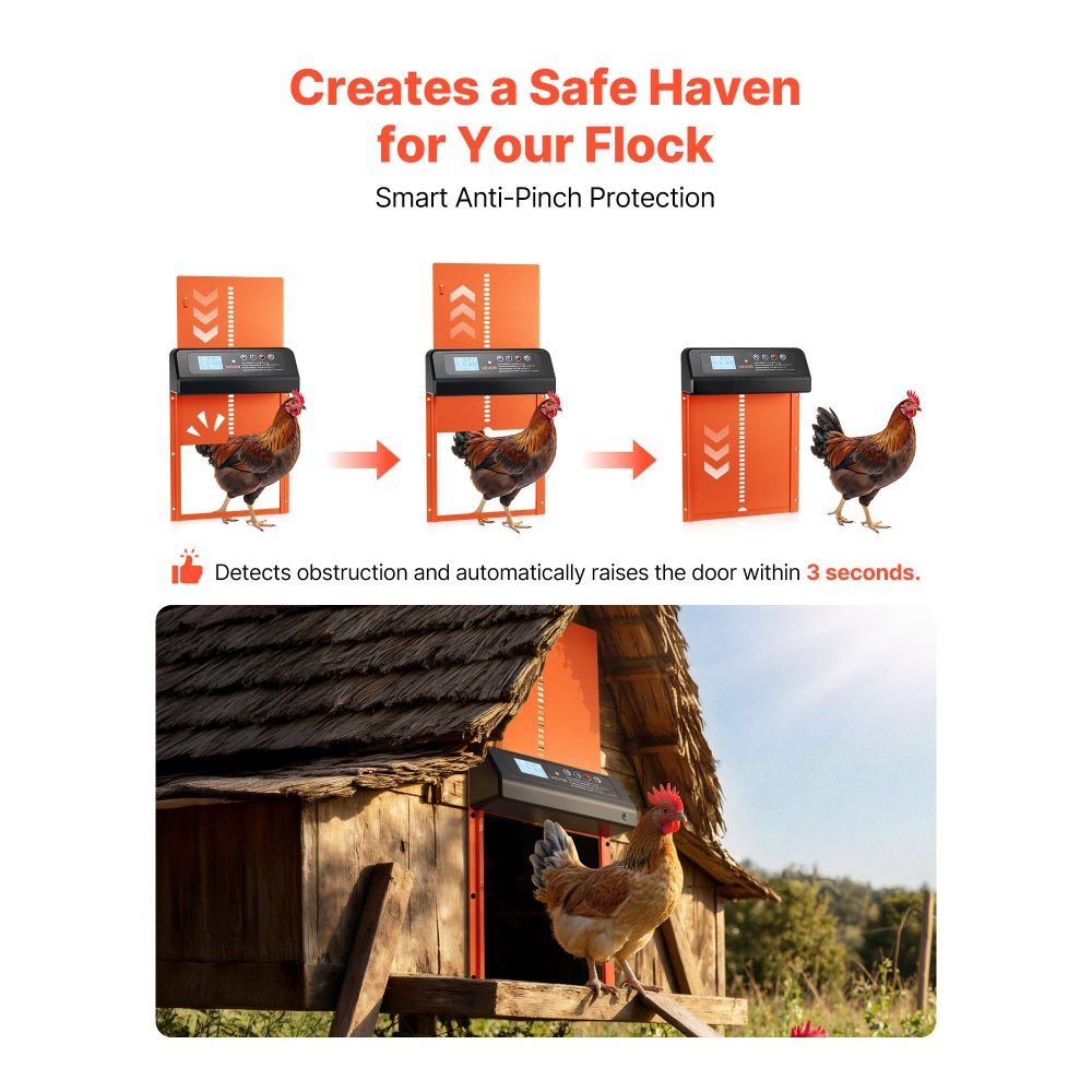 Chicken Flap, Solar and Battery Powered Chicken Door with LCD Display, Remote Control, Light Sensor and Timer, Anti-Pinch, Aluminum Alloy Chicken Coop Door, 350 x 250 x 73mm, Orange