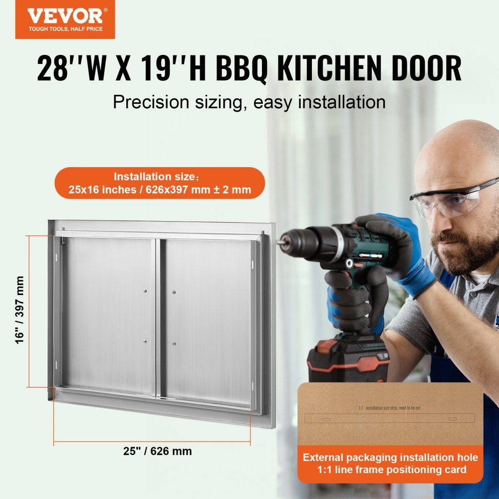 Grill Access Door 711x482mm Double Outdoor Kitchen Door Flush Mount Stainless Steel Door Vertical Wall Door with Handles for Grill Island Grill Station Outdoor Cabinet