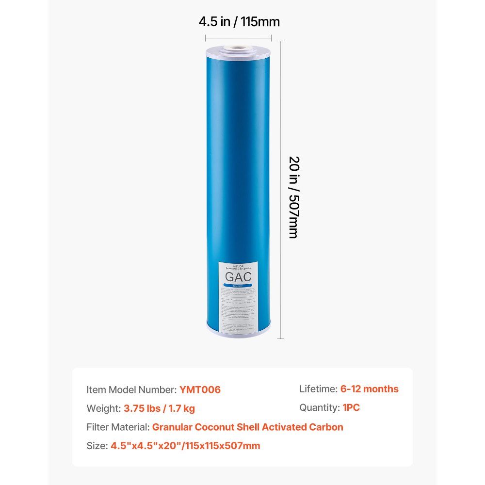 Cartouche de remplacement de filtre à eau pour toute la maison, 115x507mm, filtre de remplacement à charbon actif GAC pour système de filtration d'eau en 3 étapes, réduit le chlore, le mauvais goût et les odeurs