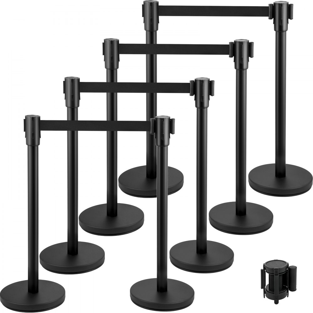 Barrier posts plastic posts people guidance system barrier 8 pieces. (four pairs) retractable straps, black crowd control barrier with metal base for airport showrooms