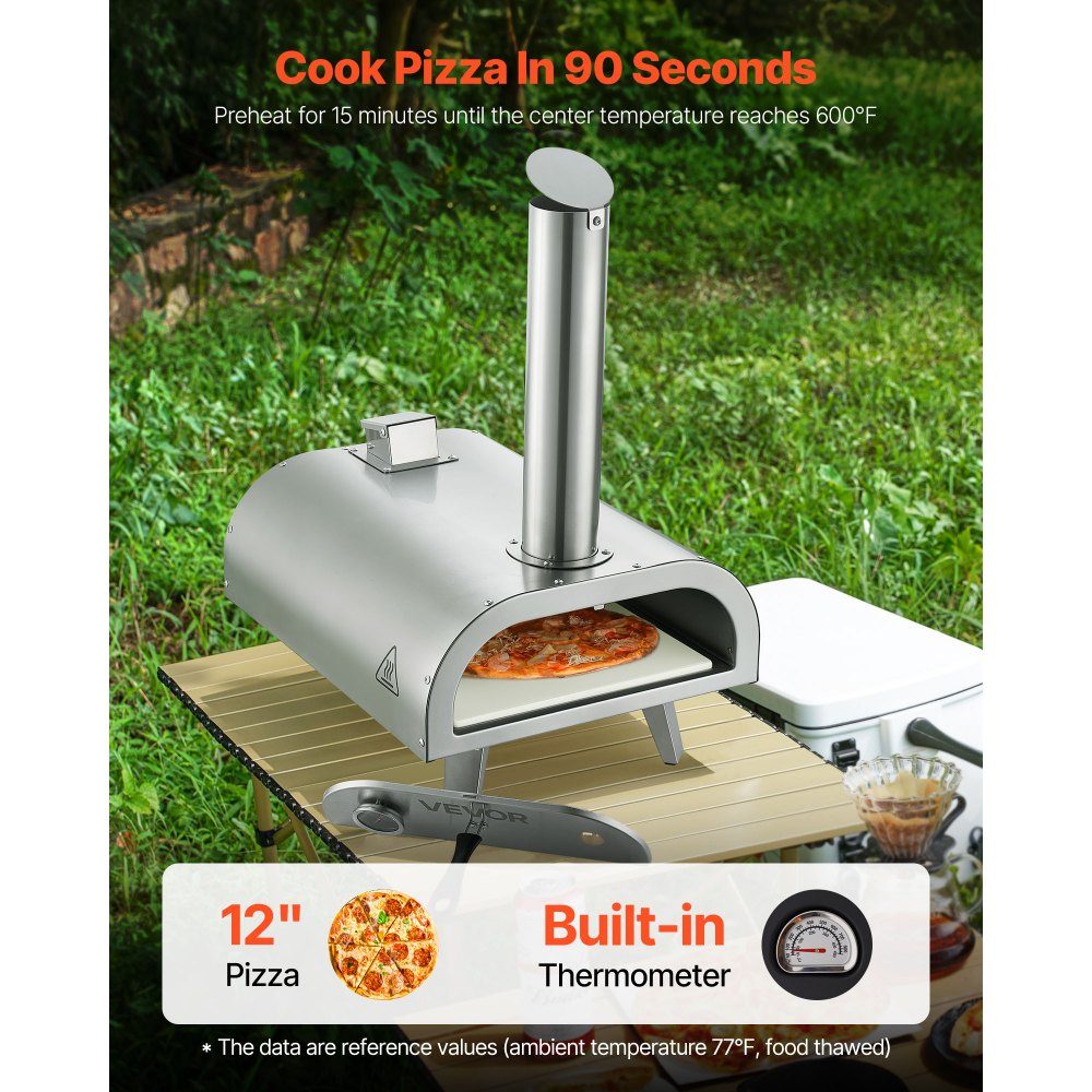 Outdoor Pizza Oven, 12" Pellet Pizza Oven, Portable Pizza Oven with Built-in Thermometer, Wood Burning Stove, Pizza Stone, Shovel and Carry Bag, Stainless Steel Pizza Maker for Garden Camping