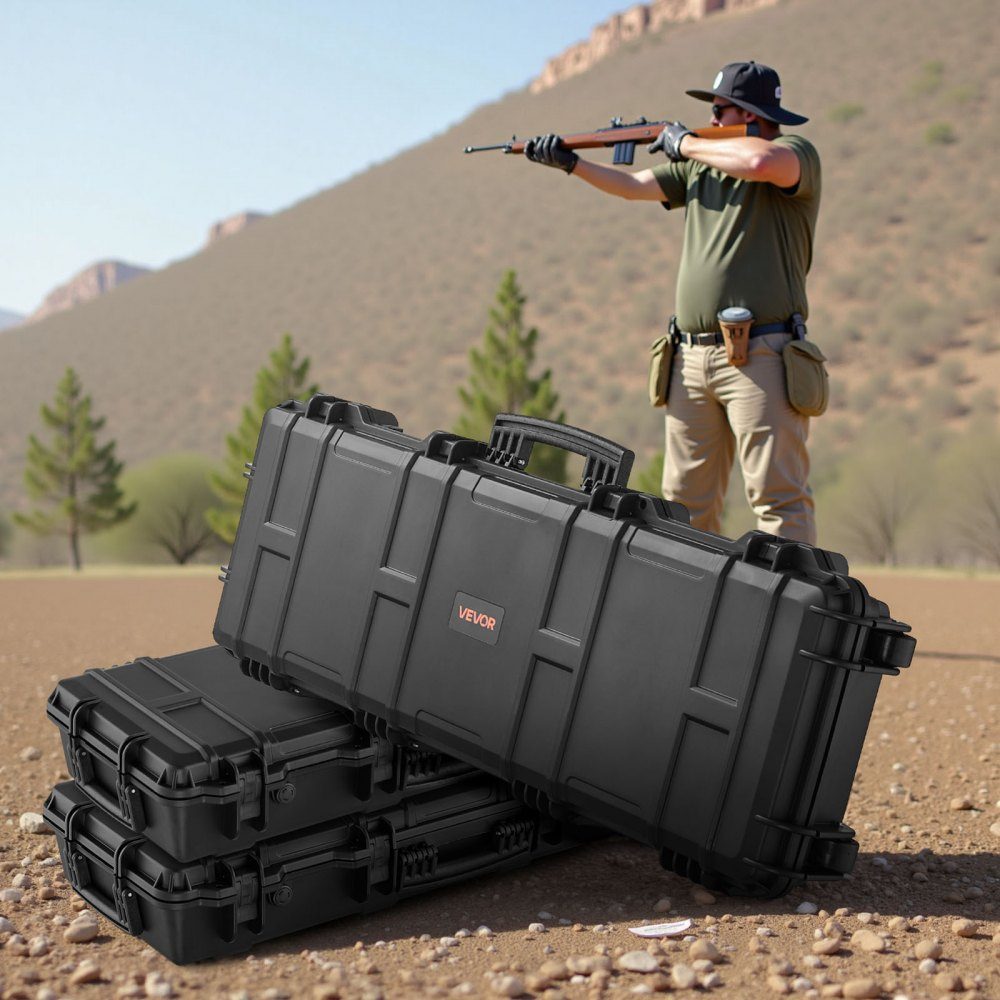 Waffenkoffer mit Hartschale für Langwaffen, abschließbarer Waffenkoffer mit vorgeschnittenem Schaumstoff, Langwaffenkoffer, Waffenaufbewahrung, rollbar, IP67 wasserdicht, 108,9 x 39,2 x 15,5 cm, schwarz