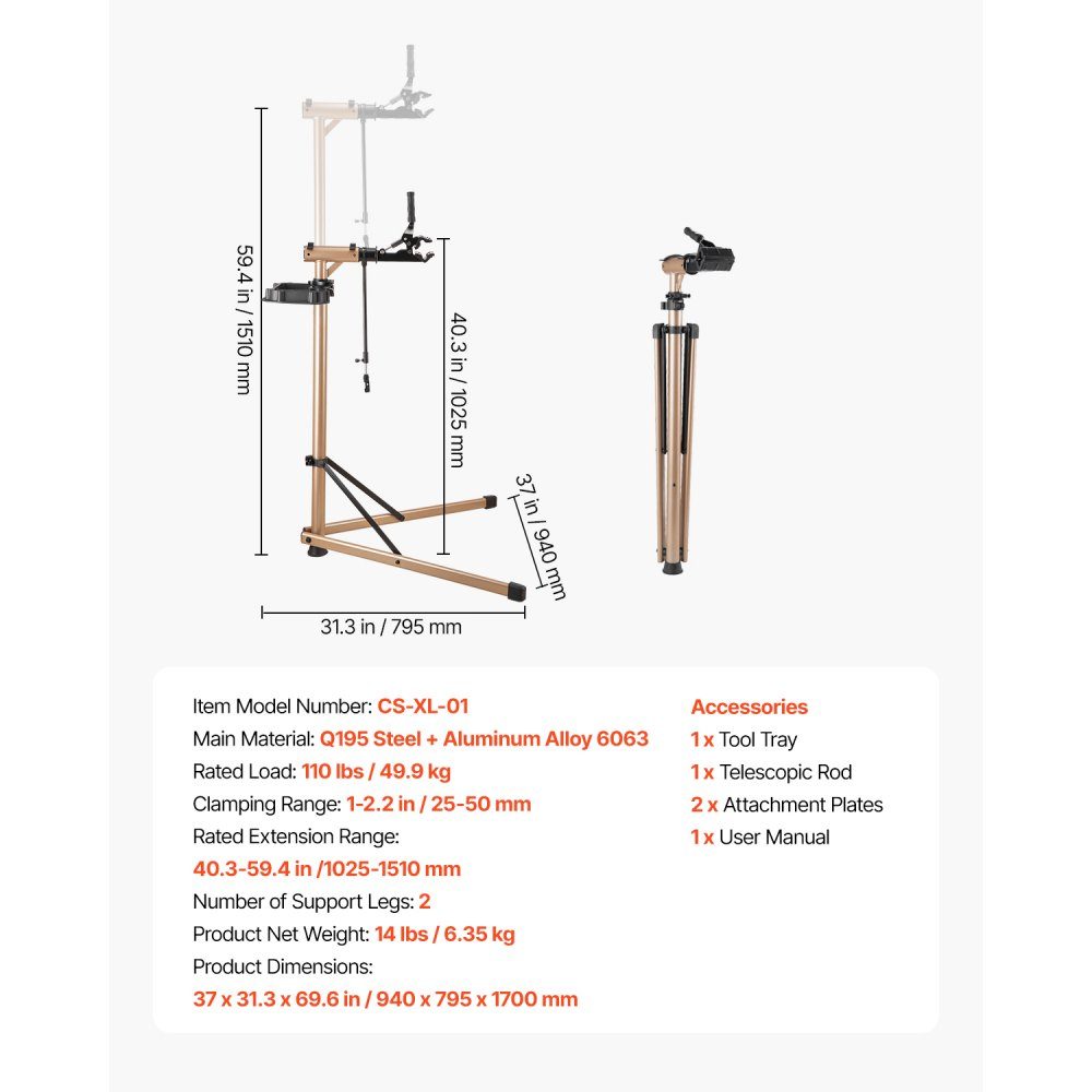 Support de réparation de vélo, support de réparation de vélo (capacité de charge de 49,9 kg) avec hauteur réglable de 1025 à 1510 mm et grand plateau à outils, support d'entretien pliable pour vélos de montagne, vélos de route