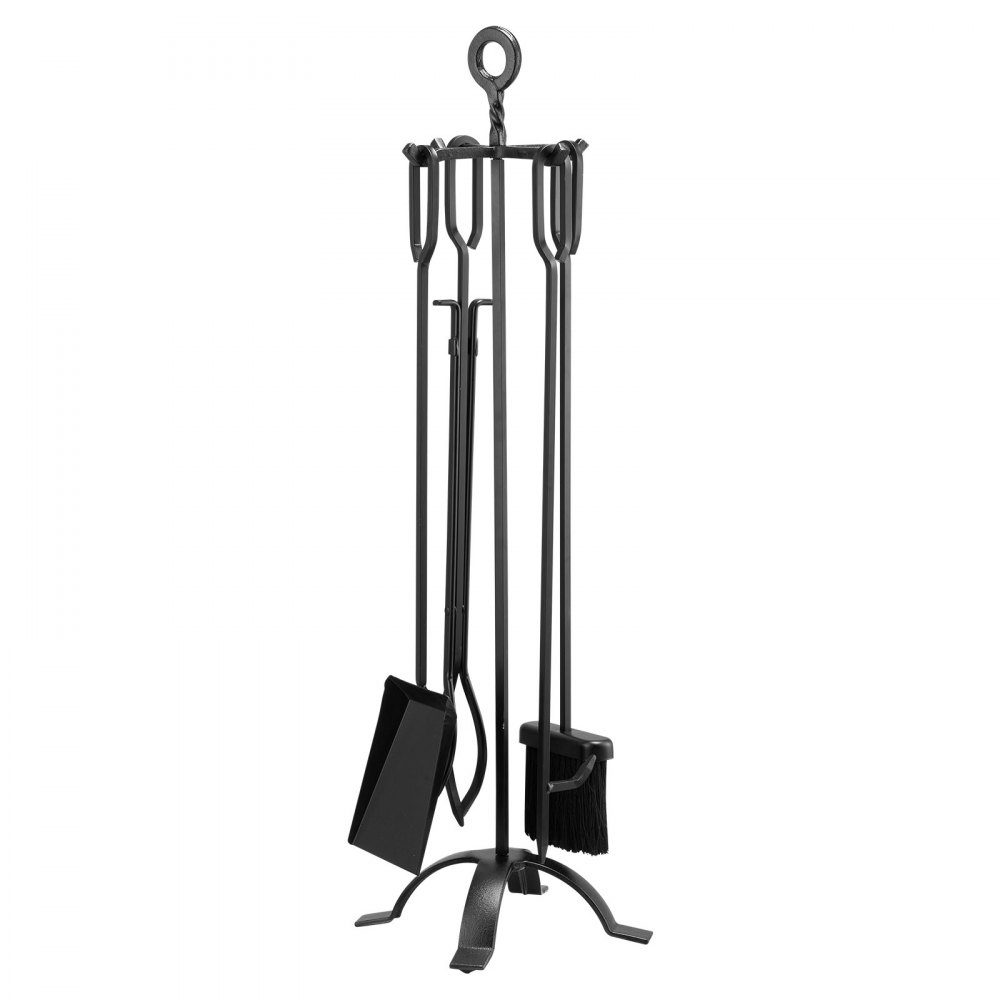 Kaminbesteck-Set, 5-teiliges Herdbesteck-Set, vierzackiger Ständer, Zange, Ascheschaufel, Bürste, Schürhaken, Kamin-Set, schmiedeeisernes Kaminzubehör für Lagerfeuer, Kamin, Schwarz