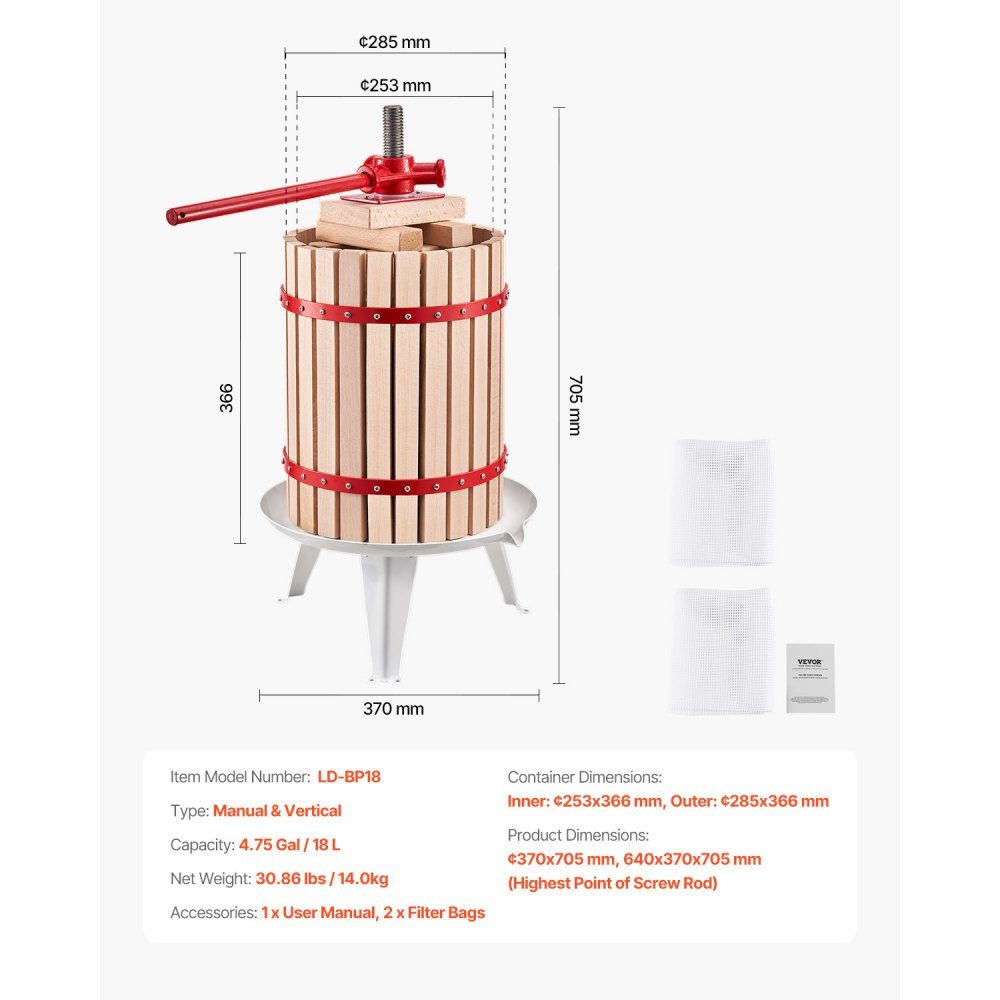 Fruit Wine Press, Fruit Grinder (18L), with Solid Wood Basket with 8 Blocks, Heavy Duty Manual Juicer, Cider Press, Apple Press, Grape Press, Olive Oil Press with Handle, Juicer for Kitchen