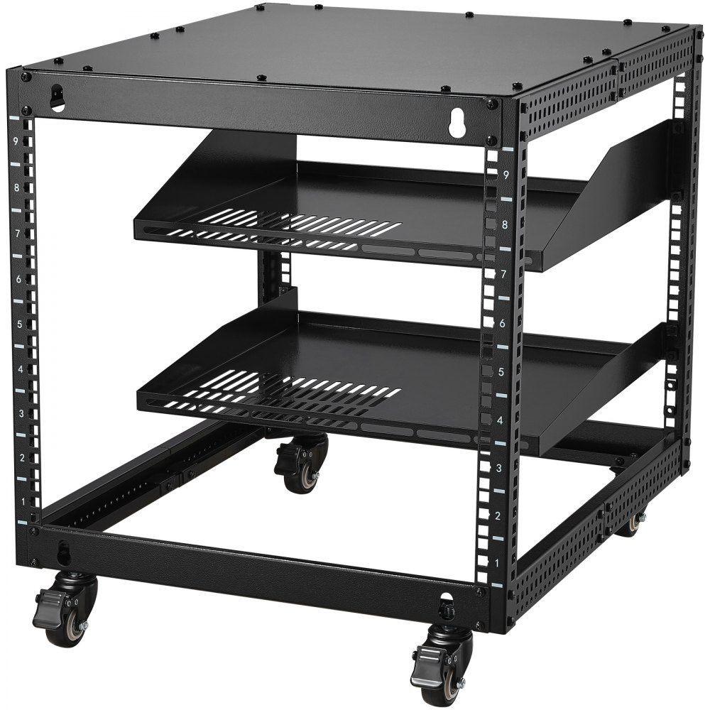 9U-Server-Rack mit offenem Rahmen, 23" bis 40" verstellbare Tiefe, freistehend oder an der Wand montiert, Netzwerk-Server-Rack mit 360°-Rädern, robuste 4-Pfosten-Halterung für alle Ihre Netzwerk-IT-Geräte, AV-Geräte und Router