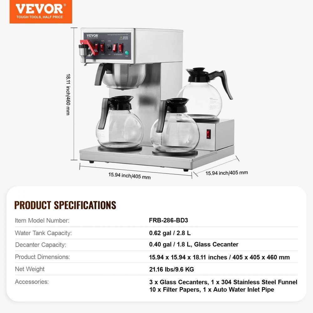 Kommerzielle Filterkaffeemaschine für 12 Tassen, Kaffeemaschine mit 3 Glaskaraffen & 3 Warmhalteplatten, Übergießkaffeemaschine aus Edelstahl für Restaurant, Büro, Café