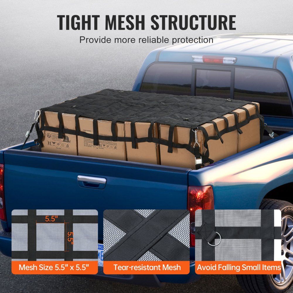 Cargo Net, 183 x 145 cm, Truck Bed Net, 4 Adjustable Straps with Carabiners & S-Hooks, Transport Net Wear-Resistant & Weatherproof, Luggage Net Suitable for Pickup, Truck, Jeep, SUV, Boat