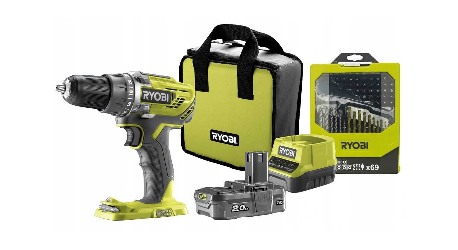 #SALE# RYOBI drill driver R18DD3 18V with 2Ah battery and bag set