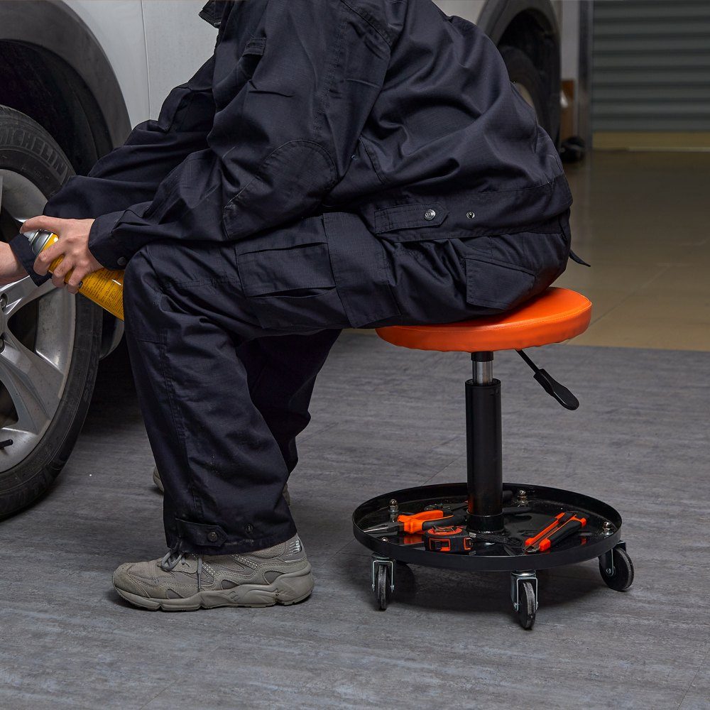 Rollbarer Mechanikerhocker, Werkstatthocker, 250 lbs, 16"-22" höhenverstellbarer Werkstattsitz, Werkstatthocker mit Werkzeugablage, für Garage, Geschäft, Autoreparatur, Schwarz + Orange