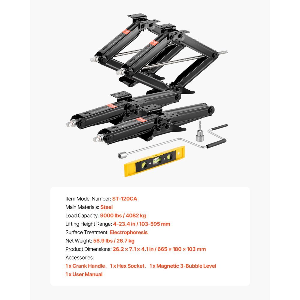 Cric à ciseaux pour camping-car avec manivelle, clé à douille et niveau à bulle (4 pièces) Nivellement du stabilisateur 103-595 mm Cric stabilisateur pas facilement déformable. Capacité de charge de 4082 kg – Réf. HT-22526