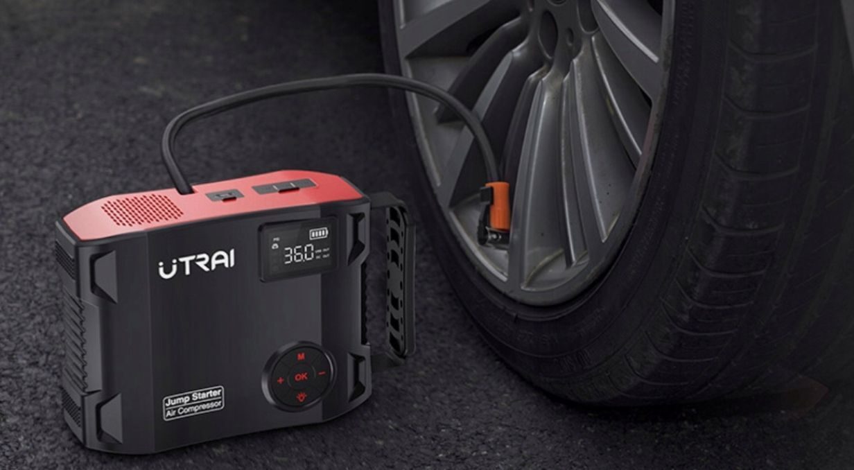 Utrai Autoreifenfüller, 2000 A Spitzenleistung, 24000 mAh, tragbares Überbrückungskabel (bis zu 8 l Benzin oder 6,5 l Dieselmotor), Handy-Ladegerät mit Dual-Digital-Display, LED-Taschenlampe Modell 2024