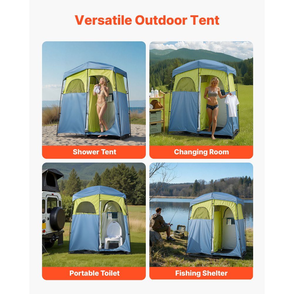 Shower tent with 2 rooms, toilet tent (2133x1067x2133 mm) with shower bag, changing tent including pegs & ropes & carry bag & support poles, made of 150D Oxford fabric for camping, beach, fishing