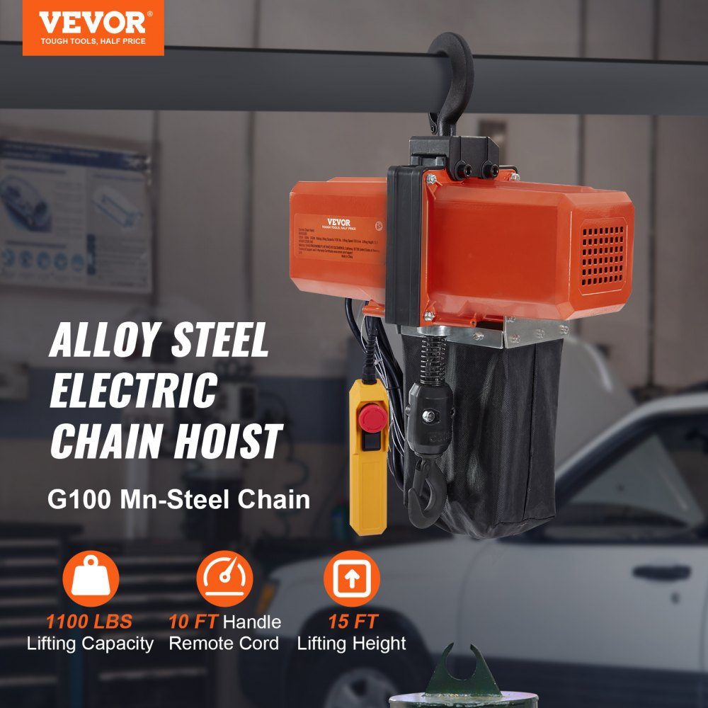 Electric Chain Hoist, 1100 lbs Capacity, 15ft Lift Height, 9.2ft/min. Speed, 230V Single Phase Overhead Crane with G100 Chain, 10ft Cable Remote Control for Garage, Shop, Hotel, Home