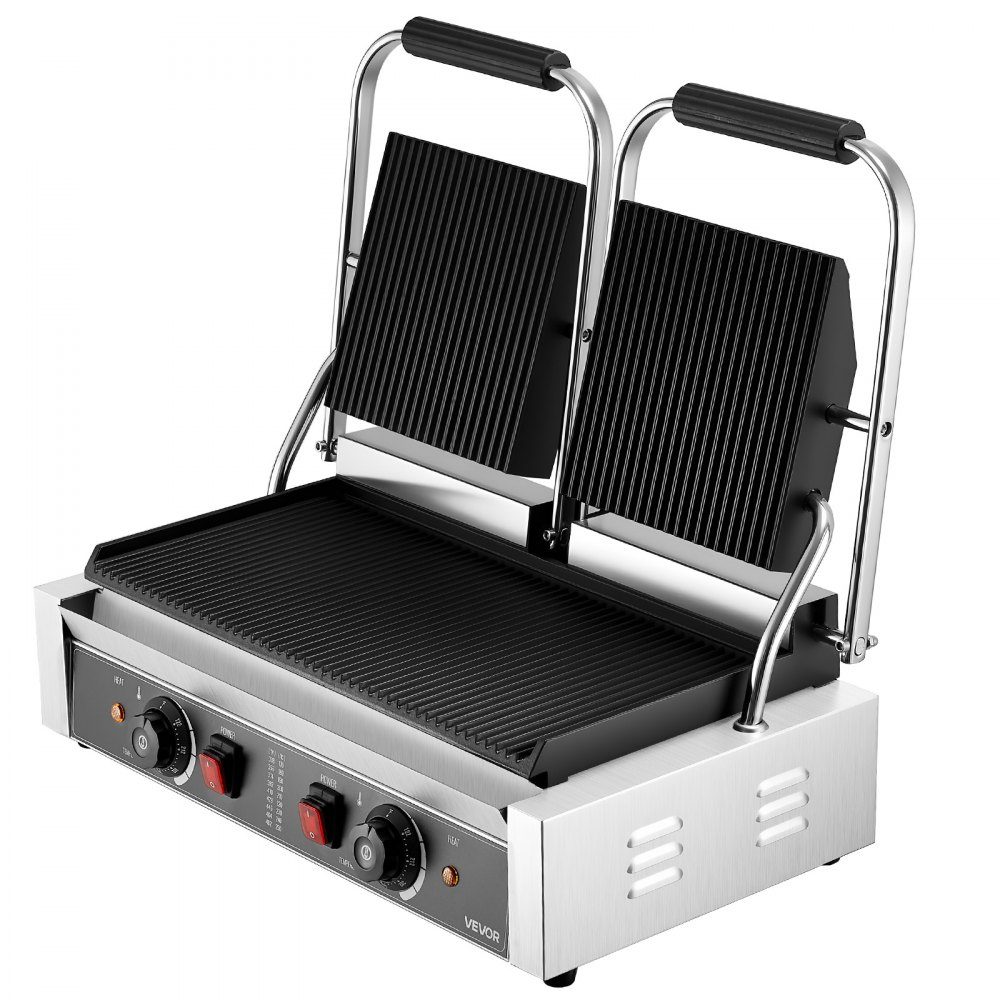 Commercial Contact Grill 3600W Electric Grill Sandwich Maker (Double Baking Plates) Stainless Steel Panini Press with Temperature Control, 48x23cm Grooved Enamel Plate for Hamburger Steak Bacon
