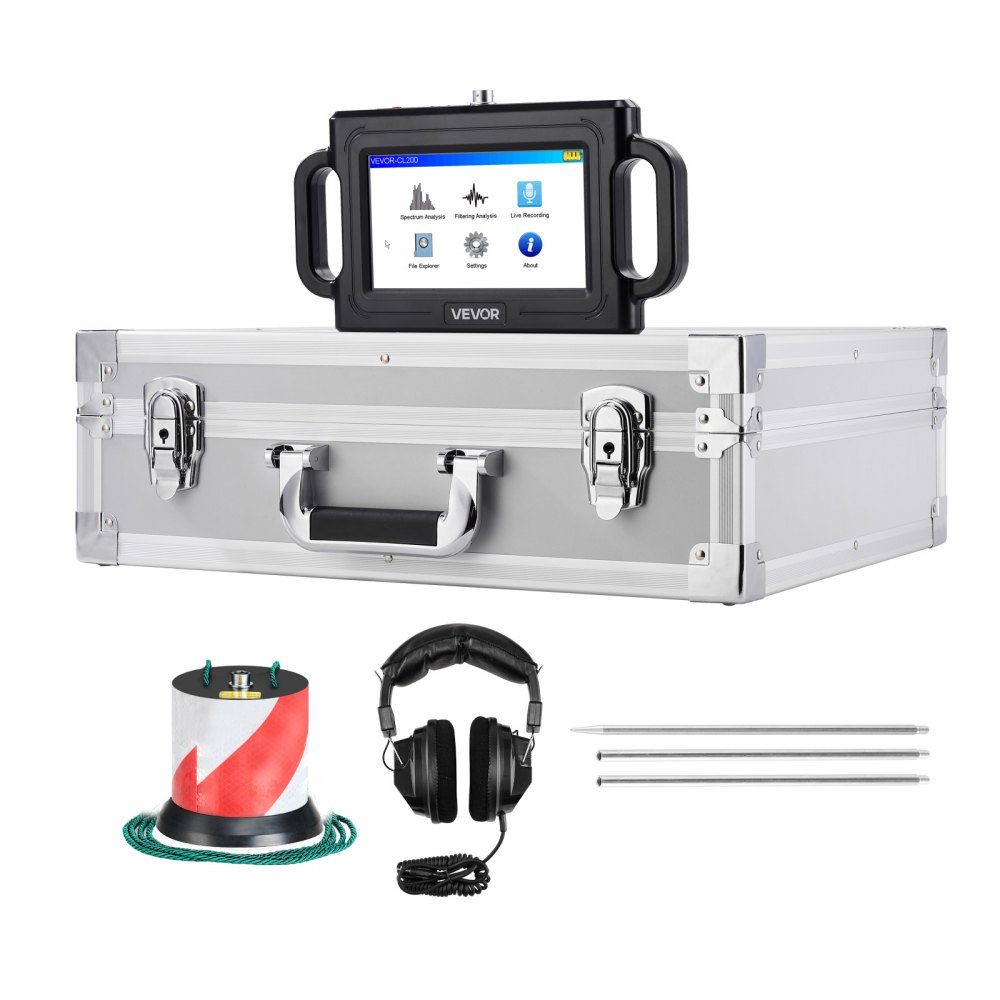 Lekdetector voor pijpwater, 1 Hz-5000 Hz, 7" touchscreen-lekdetector voor pijpen met een diepte van 2 m - met sensor, 3 luisterstaven, hoofdtelefoon, kaart van 8 GB en draagtas