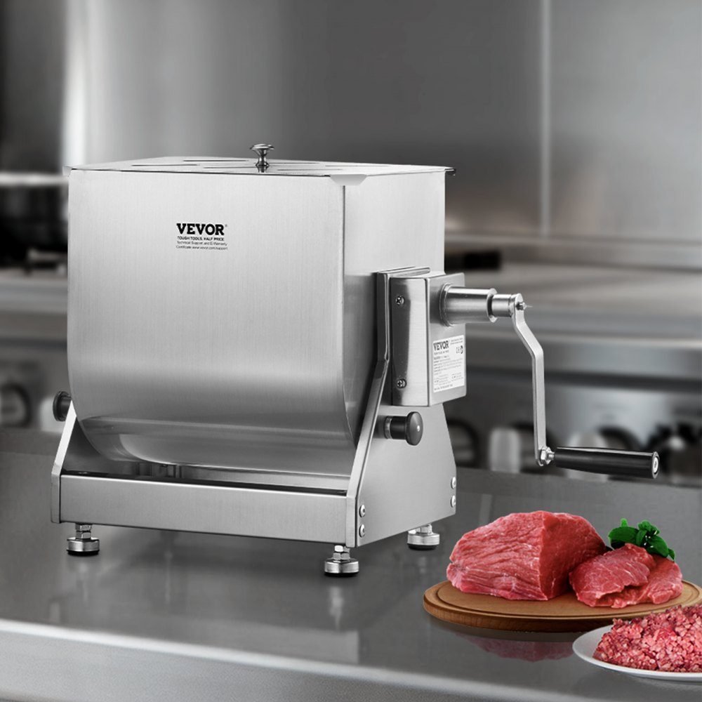 Manual meat mixer, meat processing device with tilting container (maximum mixing of 13.61 kg of meat), meat mixer, sausage mixer with reduction gear, hand mixer for minced meat