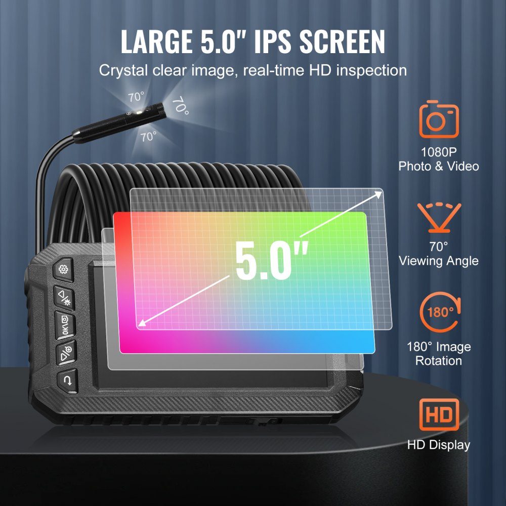 Endoskopkamera mit Licht, Industrie-Endoskop mit Dreifachobjektiv, 5-Zoll-Bildschirm, 1080P-Inspektionskamera, 8+2 Lichter, IP67 wasserdichte Schlangenkamera für Autos, Sanitär (5 m Kabel, 32 GB Karte)