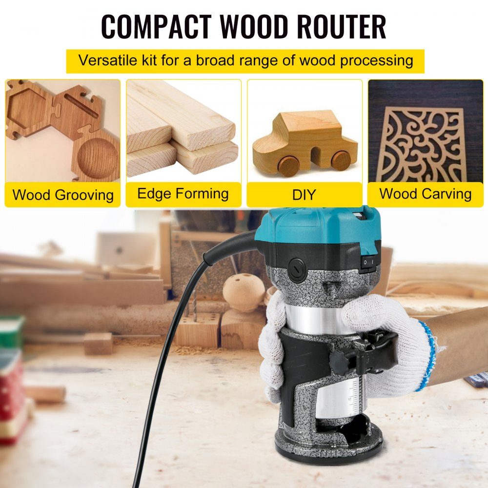 Electric Hand Router 800W, One-Hand Router 30000 RPM, Wood Edger, 3 Collet, Soft Start, Aluminum Alloy, Speed ​​Control, Electric Router Woodworking