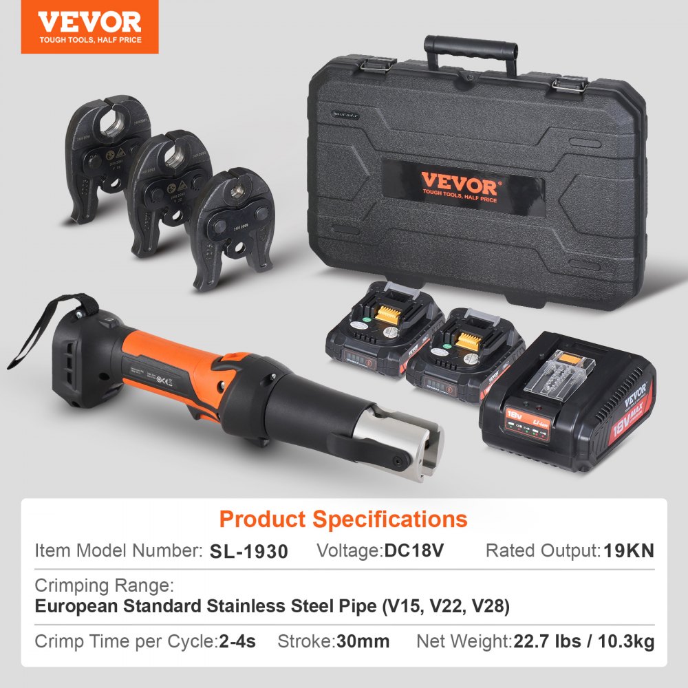 Presswerkzeug- und Batterie-Set, Rohr-Crimpzange, elektrische Rohr-Crimpzange mit V15-, V22-, V28-Backen, Presswerkzeug-Set mit 2 Stück 18 V 2,0 Ah-Batterien, Schnellladegerät und Tragetasche Presswerkzeug- und Batterie-Set, Rohr-Crimpzange, elektrische Rohr-Crimpzange mit V15-, V22-, V28-Backen, Presswerkzeug-Set mit 2 Stück 18 V 2,0 Ah-Batterien, Schnellladegerät und Tragetasche