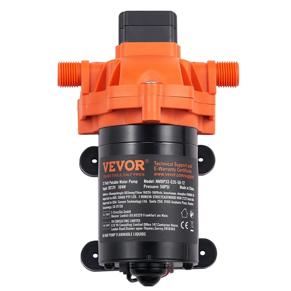 12-V-Membranpumpe, 13,25 l/min, 3-Kammer-Gleichstrom-Wasserpumpe mit automatischem Druckschalter, 40–100 PSI, verstellbar, 50 PSI, 1/2 Zoll MNPT-Anschluss für Wohnmobil, Yacht, Food Truck, Camper, Marine