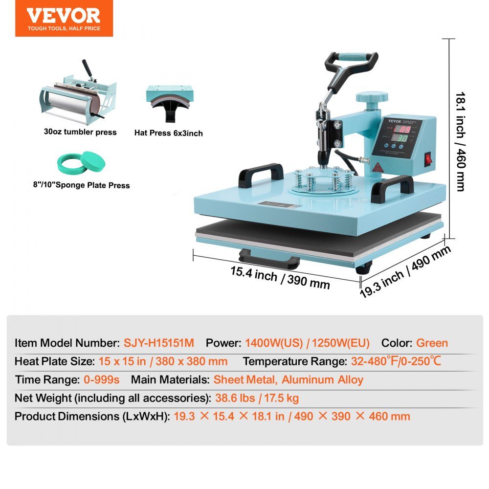 Presse à chaud 15" x 15" Machine de transfert de chaleur 5 en 1 avec 30-Unzen-Trommelpresse Pressage de t-shirt pivotant à 360° Contrôle précis numérique pour t-shirts/tasses/chapeaux/assiettes Vert