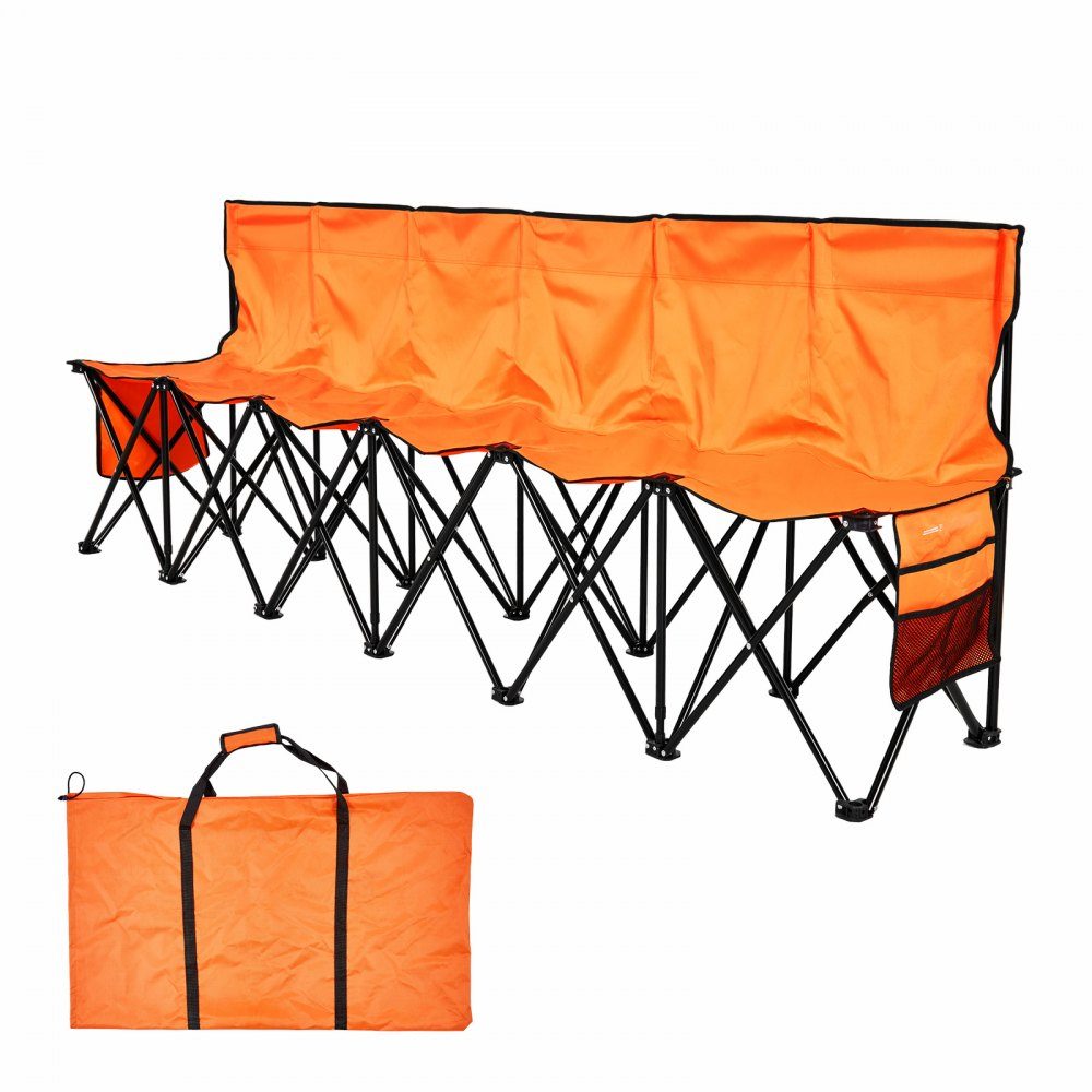 Draagbare teambank, campingbank (6 personen) met zijvakken en draagtas, opvouwbare bank met rugleuning, zijbank, sportbank voor voetbal, honkbal, buitenactiviteiten, oranje