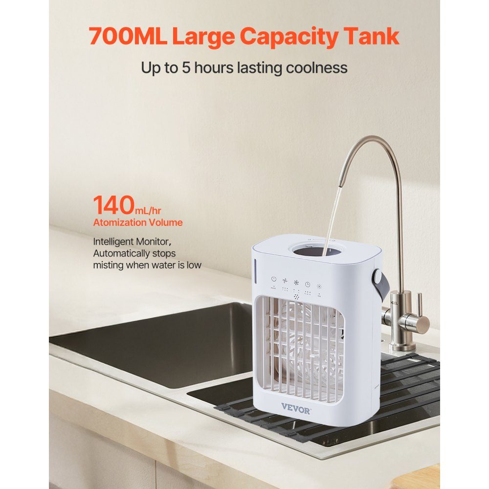 Climatiseur mobile, refroidisseur d'air 4 en 1, mini refroidisseur d'air à 3 vitesses avec minuterie intelligente de 0 à 7 heures, réservoir d'eau de 700 ml, lumière 7 couleurs, mini ventilateur AC personnel pour bureau de chambre à coucher