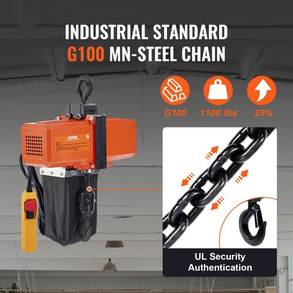 Electric Chain Hoist, 1100 lbs Capacity, 15ft Lift Height, 9.2ft/min. Speed, 230V Single Phase Overhead Crane with G100 Chain, 10ft Cable Remote Control for Garage, Shop, Hotel, Home