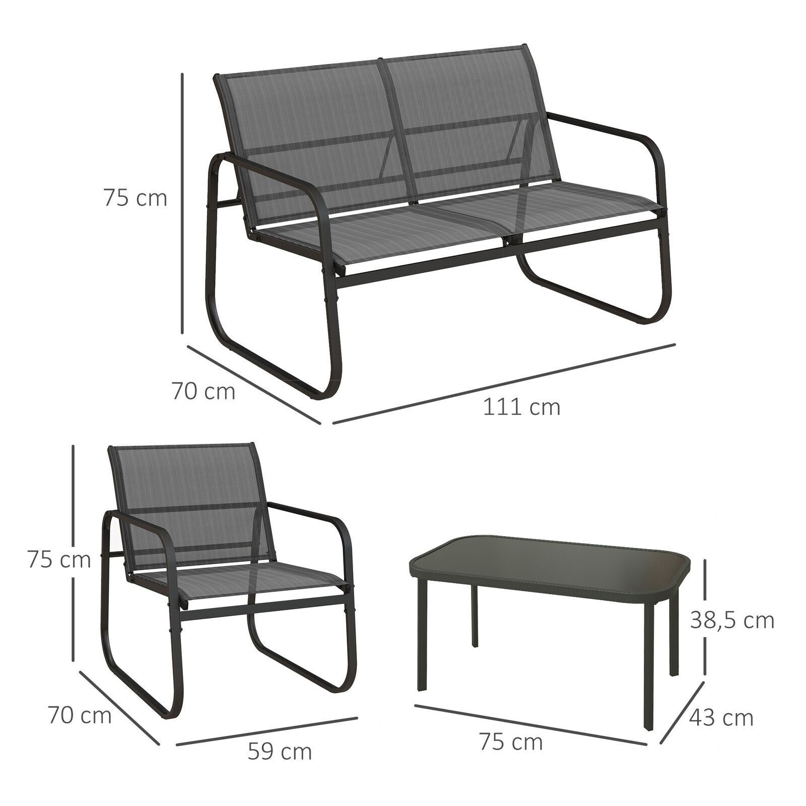 Salon de jardin 4 pièces avec chaises deux places et table basse