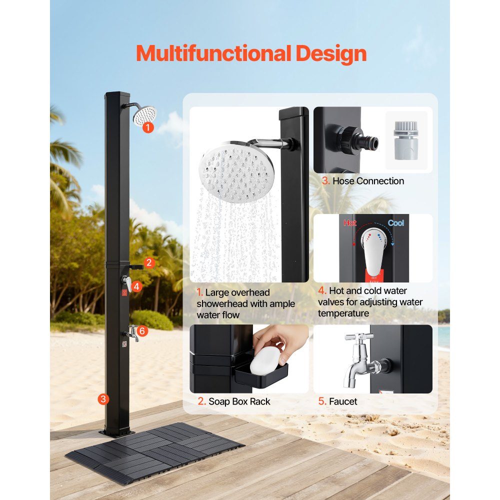Solardouche 35L, tuindouche 2160 mm buitendouche met bodemplaat en voetbevestiging, zwembaddouche warm- en koudwaterregeling, campingdouche voor tuin, zwembad, strandzwembad, zwart