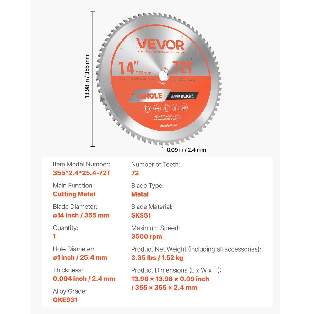 Circular Saw Blade (355mm diameter, 72 sharp teeth and 2.4mm thickness), ideal for steel, aluminum, compatible with circular saws, alloy steel saw blade with noise-reducing heat dissipation, 1 piece