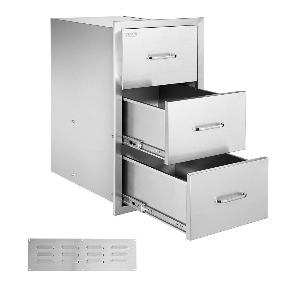 Outdoor Kitchen Drawers, Triple Access Stainless Steel Drawer Cabinet, Grill Island Drawer Storage with Paper Towel Holder and Handle, for Grill Station