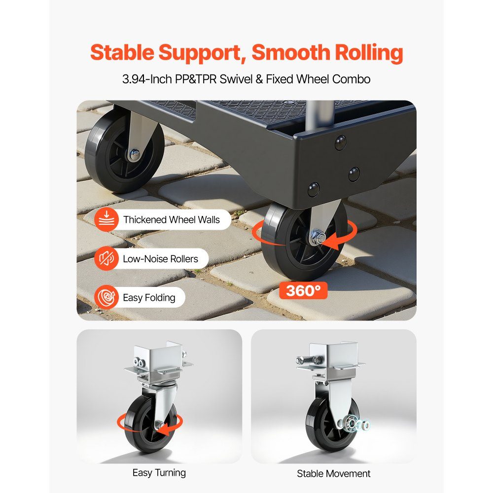 Folding platform trolley 150 kg, transport trolley with swivel castor, hand trolley with non-slip loading surface and adjustable handle, folding trolley transport aid, 680x495x1150 mm trolley for warehouse