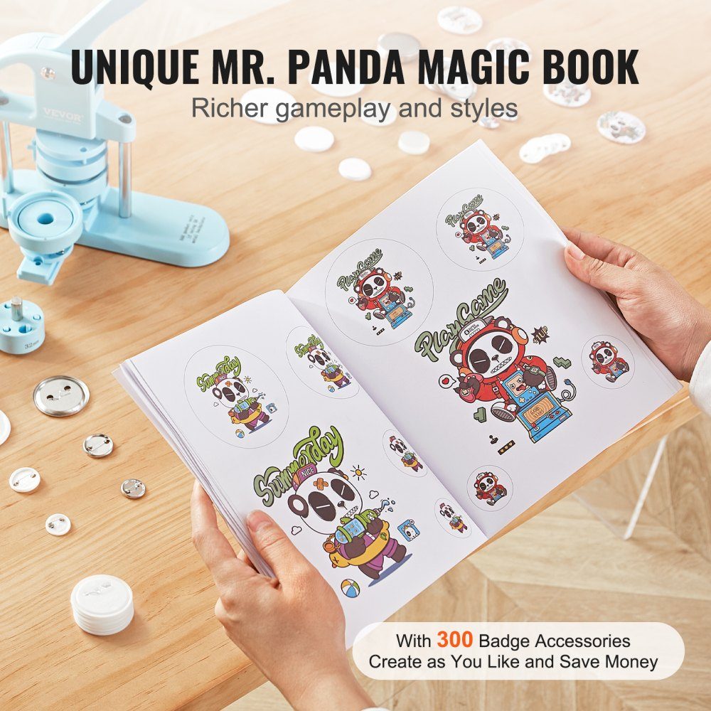 Button Maker Button Making Machine 25/32/58mm 3 in 1 Pinmaker 300 Button Parts Button Maker Machine with Panda Magic Book Bow Handle Punch Set for DIY Gifts for Kids