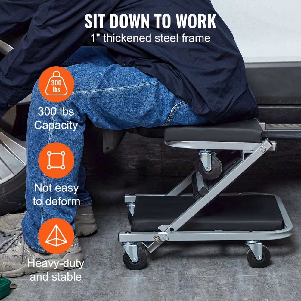 2 in 1 car workshop rolling board, workshop lounger, assembly lounger, workshop stool, 915 x 415 x 128 mm, assembly rolling board seat, steel + vinyl, 360° rotating wheels, folding seat, load capacity up to 136 kg, rolling lounger