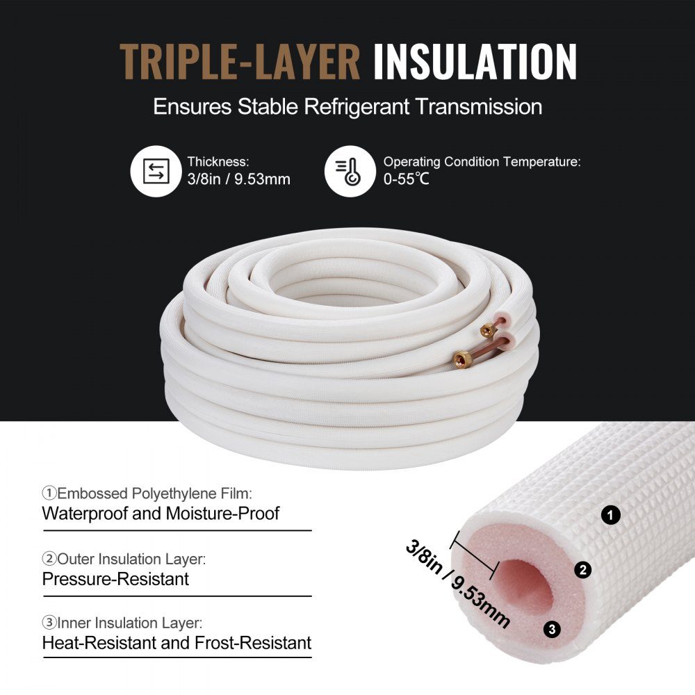 Kit de mini ligne divisée de 50 pieds, tubes en cuivre 1/4" et 3/8" OD avec isolation triple couche, pour mini climatisation divisée, équipement de Réf. rigération ou de pompe à chaleur et CVC avec