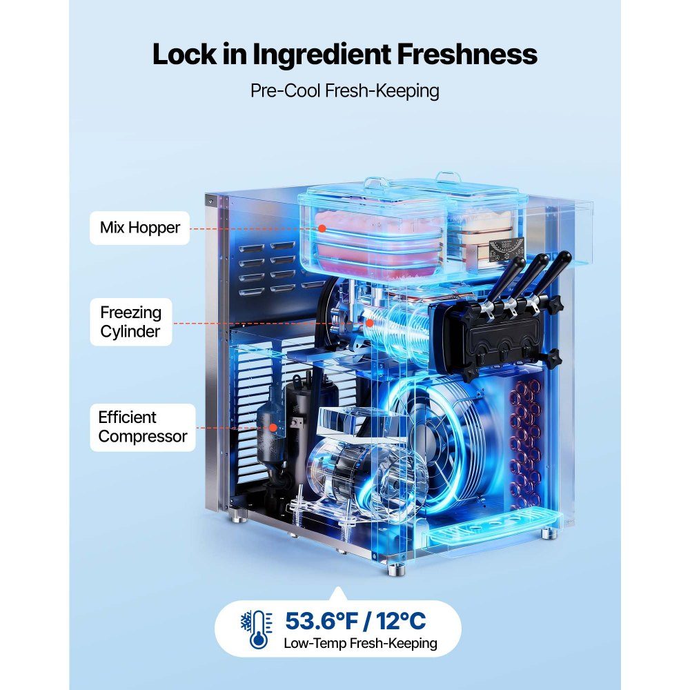 Commercial ice cream machine 20-28 L/h output, soft ice cream machine 2200 W with 2 x containers (6 L), pre-cooling, self-cleaning and LED display, table device for snack bars, dessert shops and cafes, silver