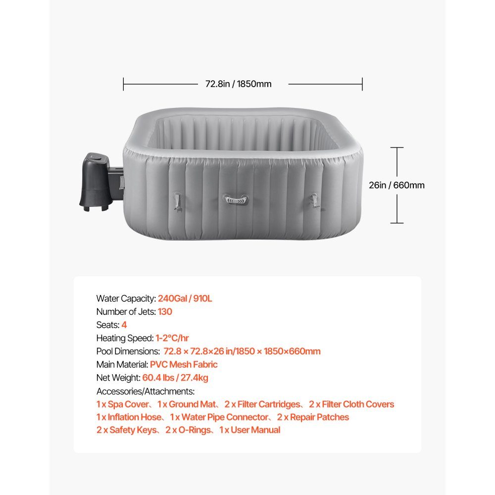 Aufblasbare Badewanne für 4 bis 6 Personen (185 x 66 cm), quadratisch und tragbar, mit 130 wohltuenden Düsen, Filter, Abdeckung, Matte und multifunktionalem Bedienfeld, PVC-Außen-Whirlpool