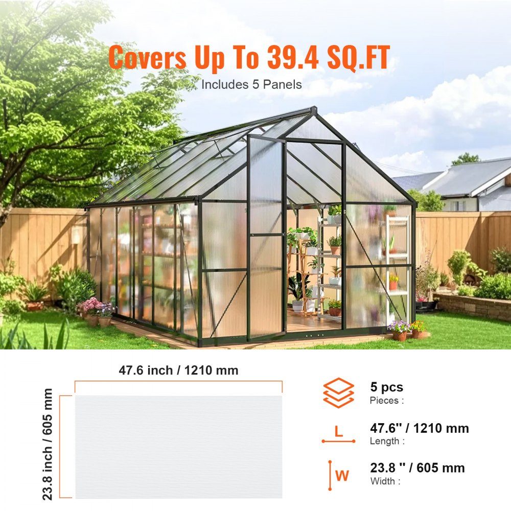 Set van 5 polycarbonaat kaspanelen, 1210 x 605 x 8 mm meerwandige panelen, waterdichte UV-beschermde gegolfde holle kamerpanelen, slagvaste transparante dakpanelen voor kas/tuin