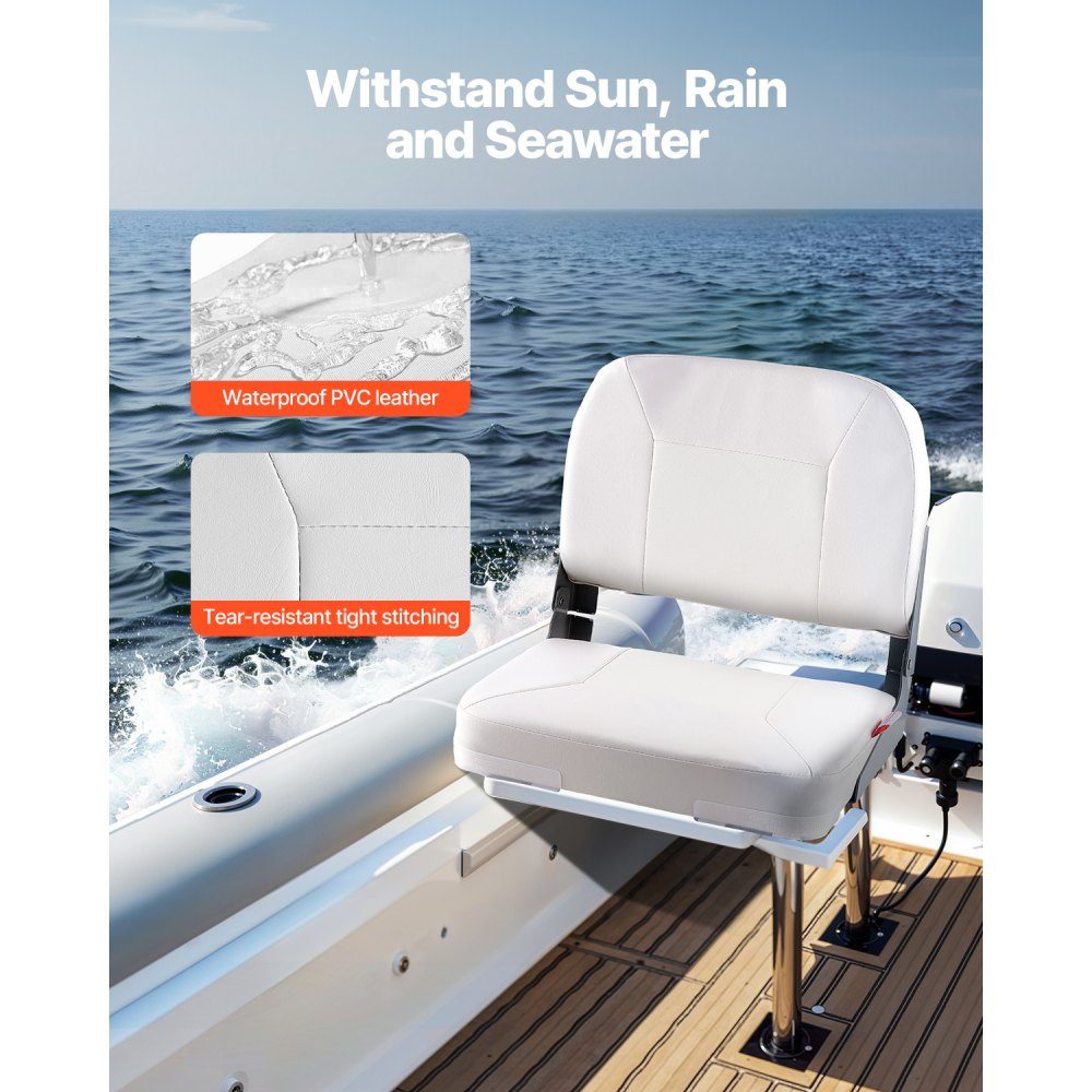 1 Piece Boat Seat Low Back Folding Fishing Boat Seat with Thick Sponge Cushion and Waterproof Hinges Made of PVC Leather and Aluminum Alloy for Yachts Boats White